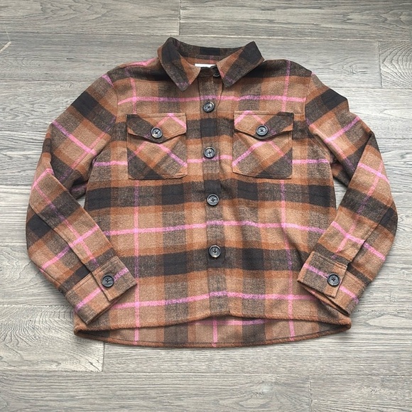 BB Dakota X Steve Madden | Brown and pink plaid boxy shacket jacket NWT Size L - Picture 2 of 13